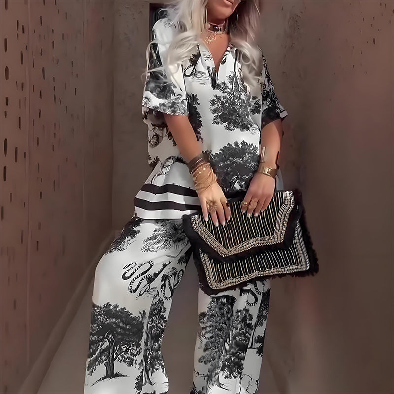 Lunira | Printed V-Neck Top & Long Pants Set